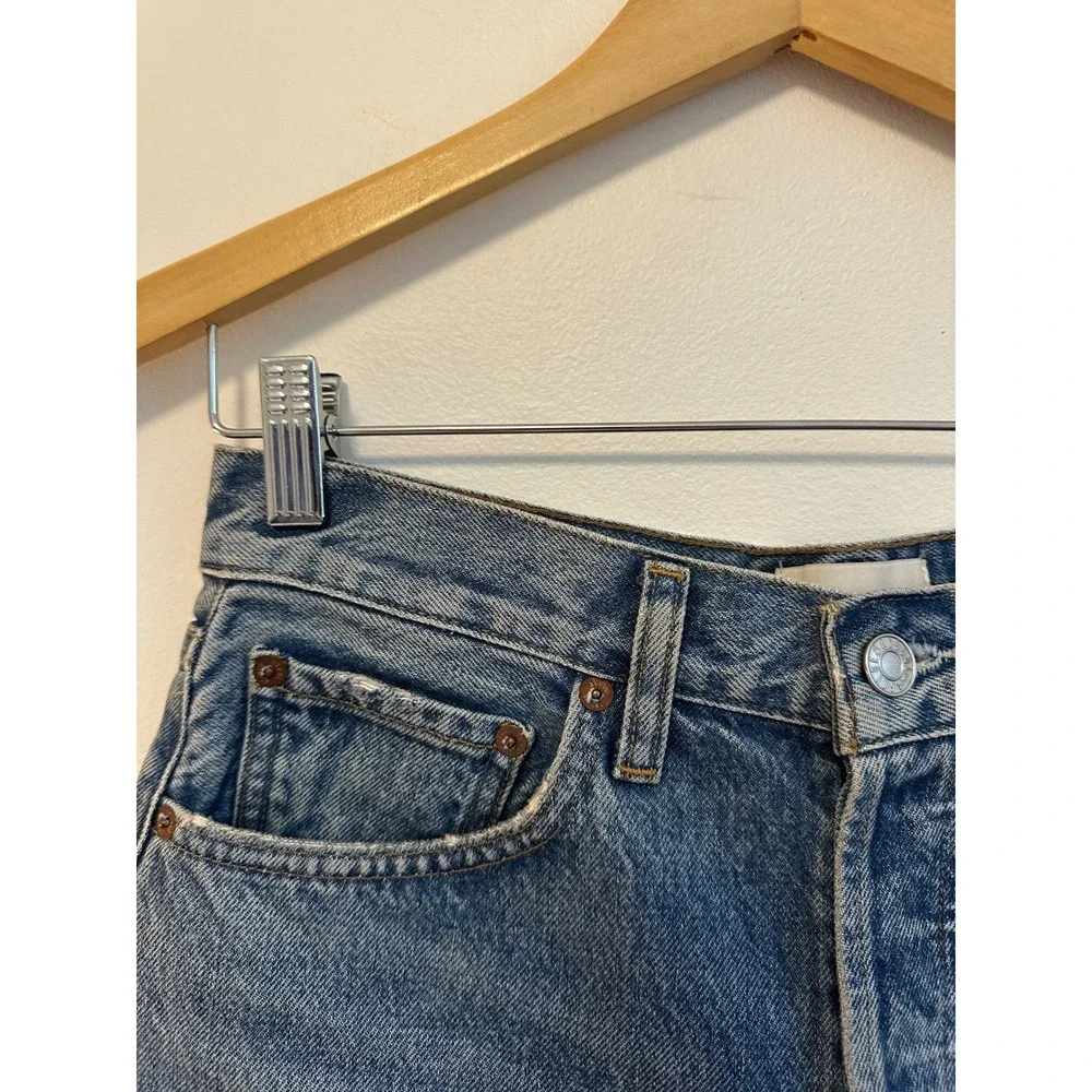 AGOLDE Parker Long High Rise Denim Jean Shorts in Medium Wash Blue | Size 25